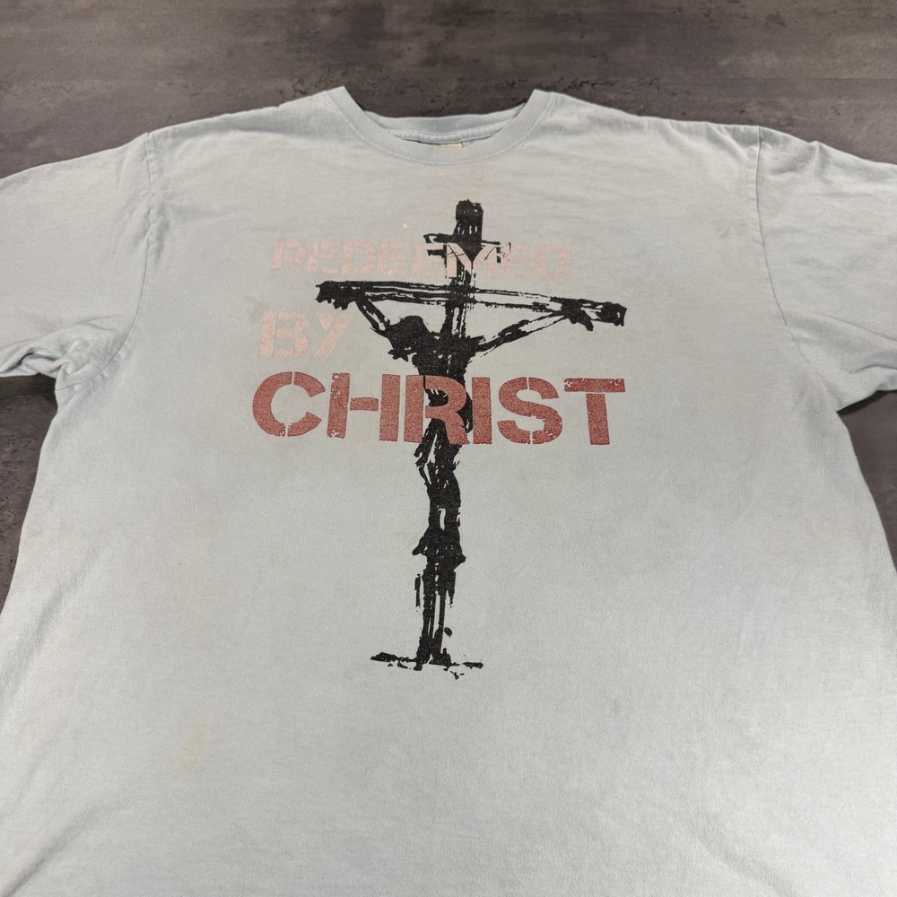 Redeemed By Christ Graphic T Shirt Light Blue XL Jesus Crucifixion Religious Tee
